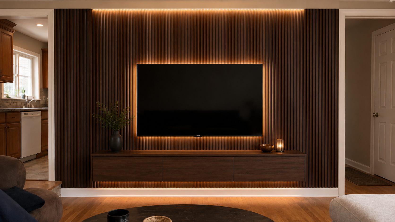 After: custom walnut slat media wall with flush-mounted TV and LED backlighting