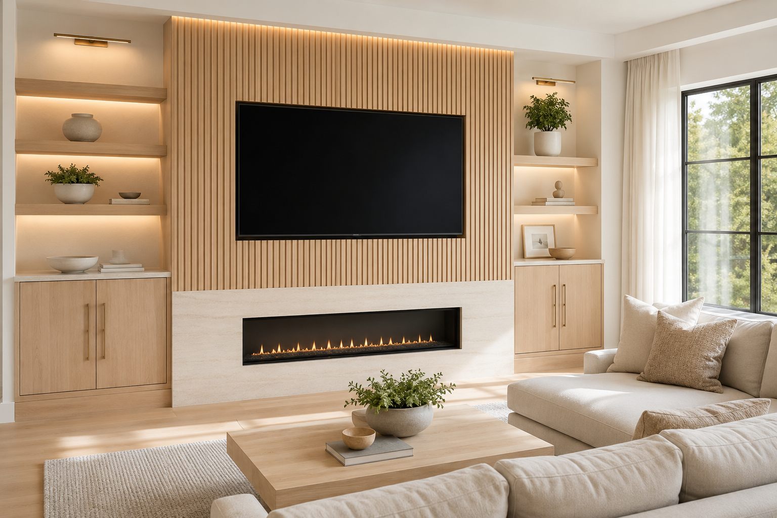Media wall with integrated linear fireplace