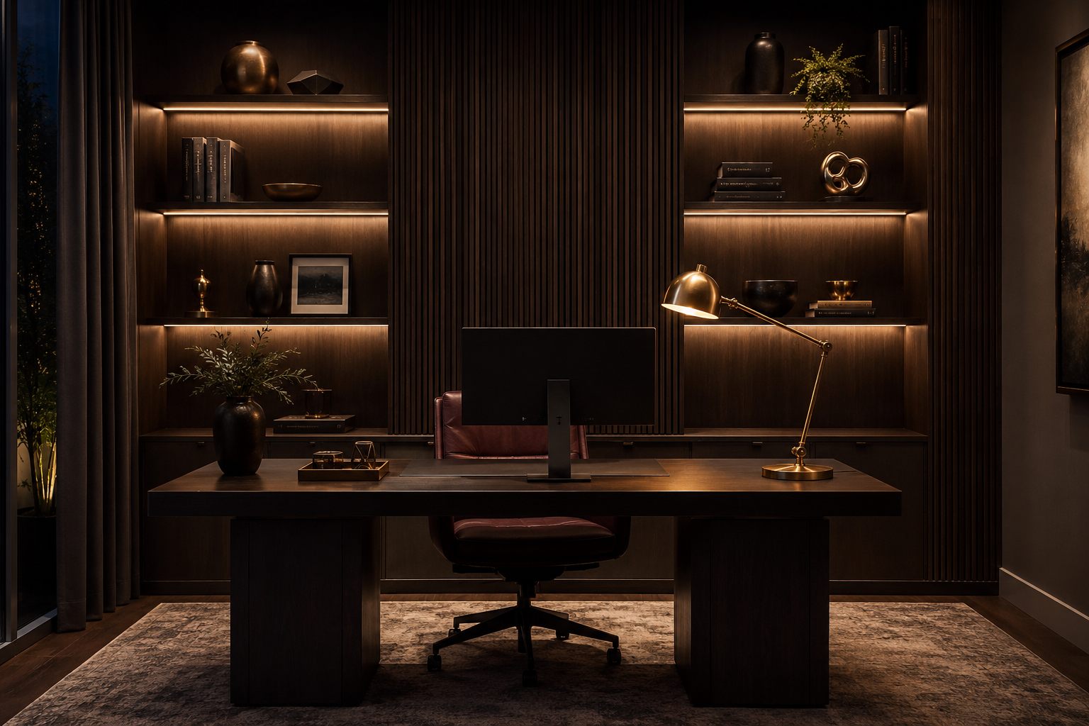 Home office feature wall with LED accent lighting