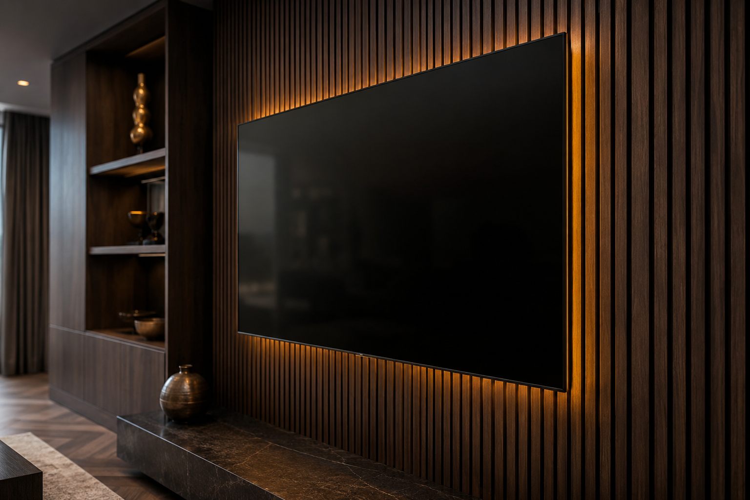 Wall-mounted TV with zero visible cables on a walnut slat wall