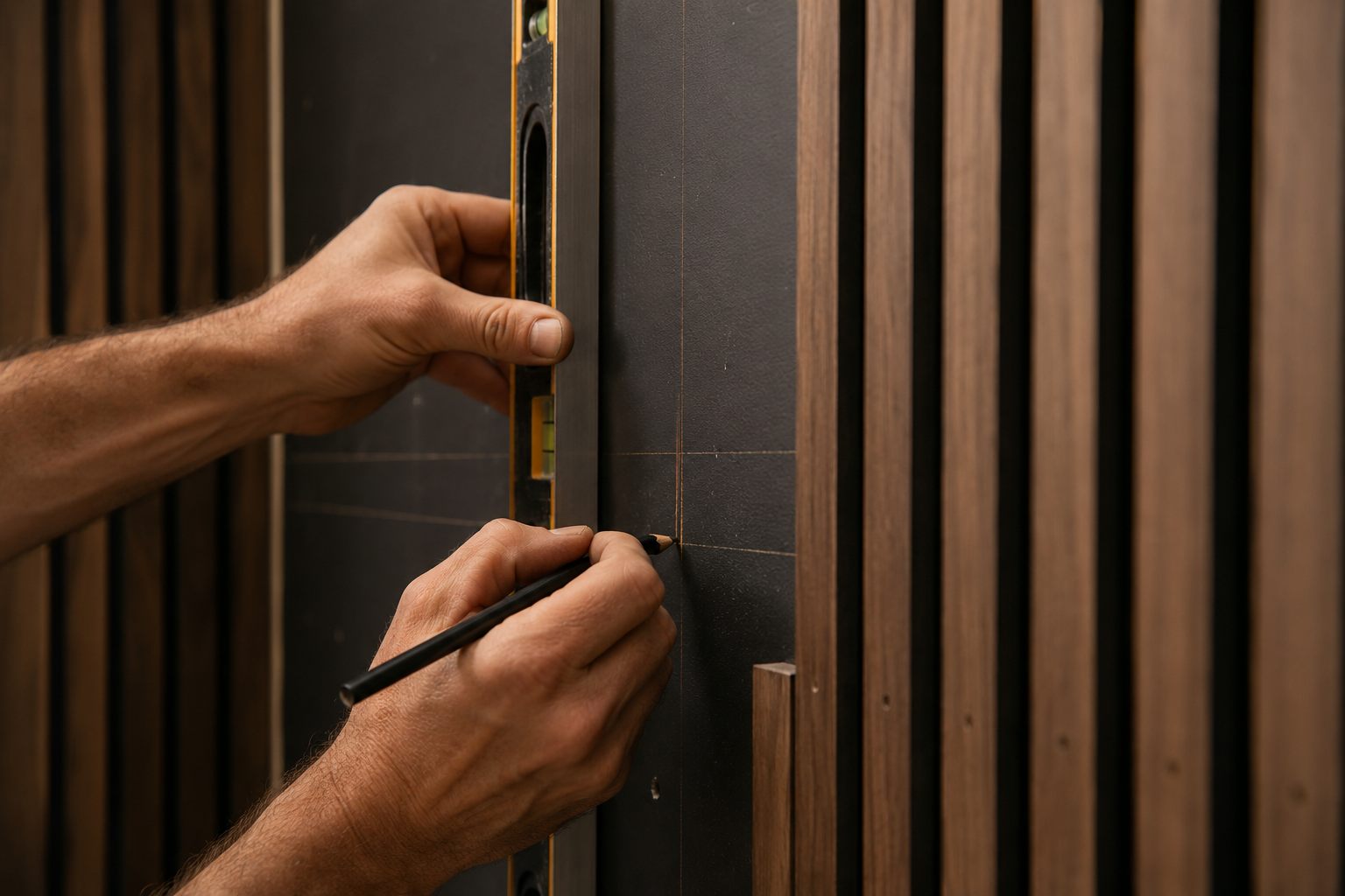 Contractor marking precise layout lines for a custom feature wall