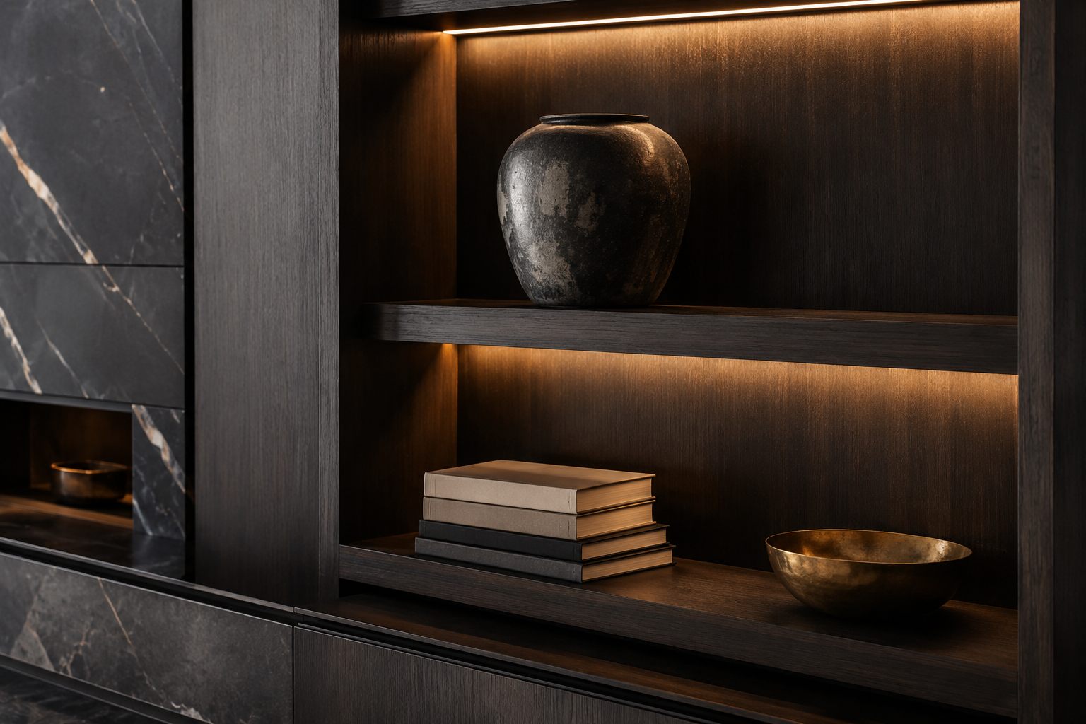 Built-in shelving with warm LED accent lighting